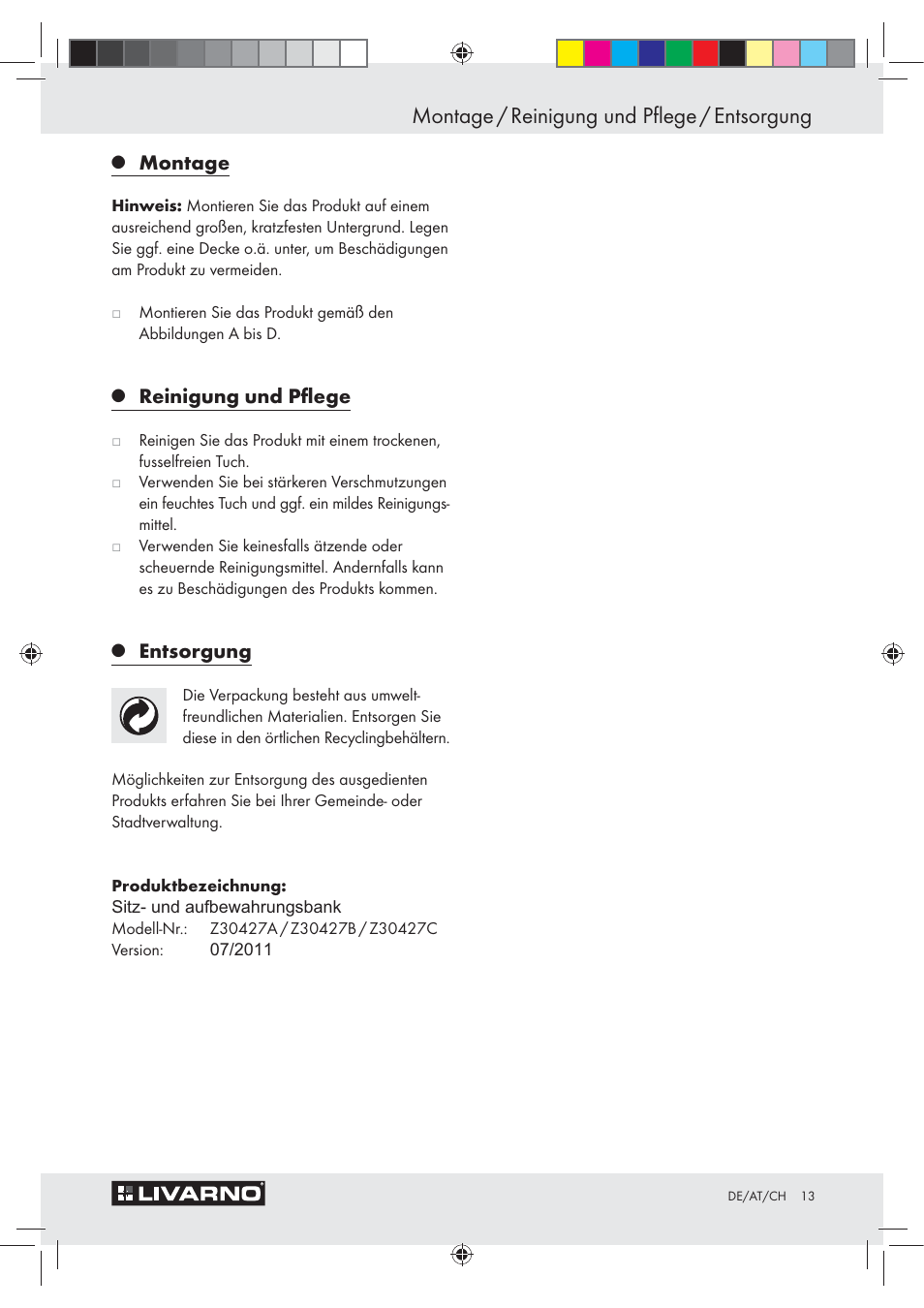 Montage / reinigung und pflege / entsorgung, Montage, Reinigung und pﬂege | Entsorgung | Livarno Z30427A / Z30427B / Z30427C User Manual | Page 11 / 11