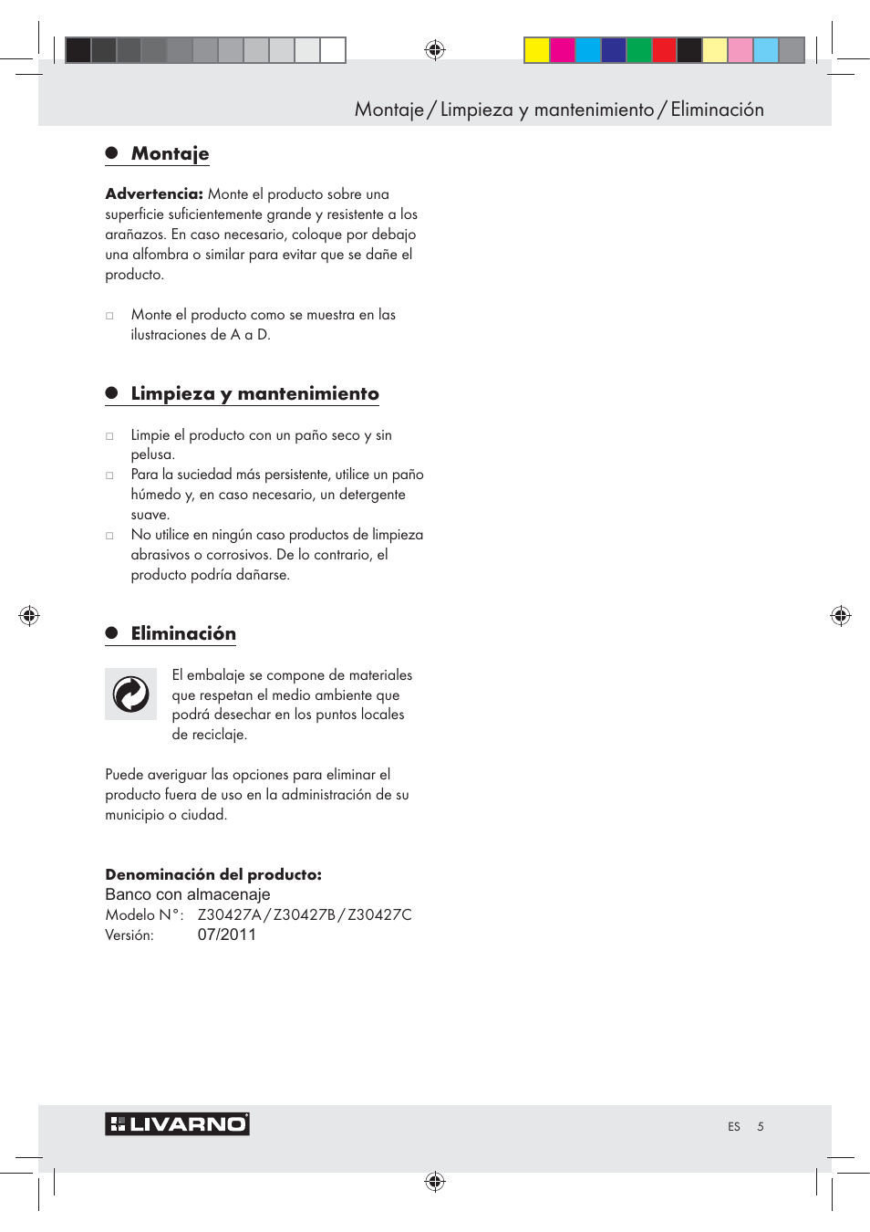 Montaje / limpieza y mantenimiento / eliminación, Montaje, Limpieza y mantenimiento | Eliminación | Livarno Z30427A / Z30427B / Z30427C User Manual | Page 3 / 11
