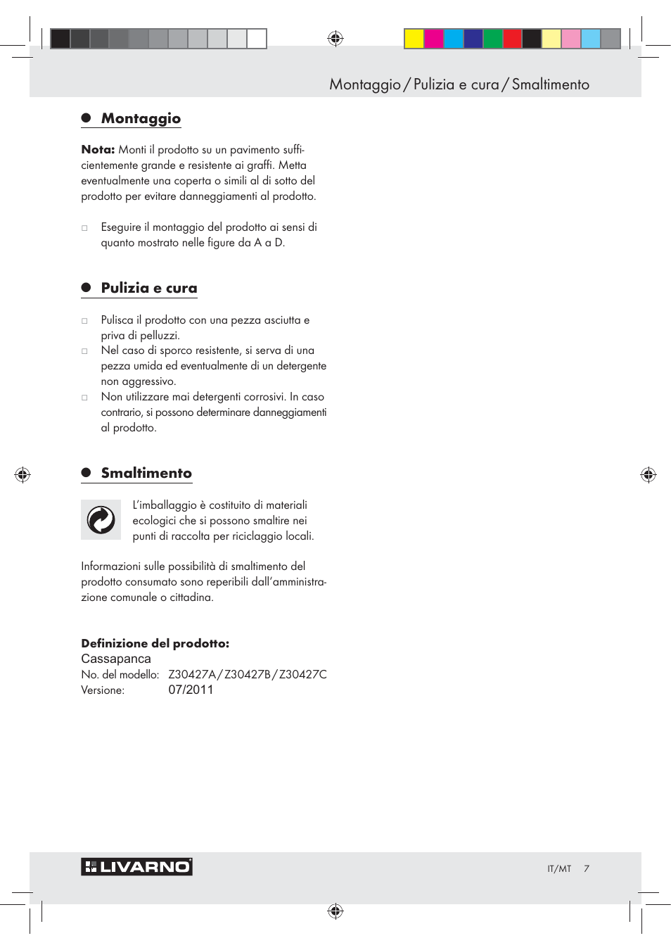 Montaggio / pulizia e cura / smaltimento, Montaggio, Pulizia e cura | Smaltimento | Livarno Z30427A / Z30427B / Z30427C User Manual | Page 5 / 11