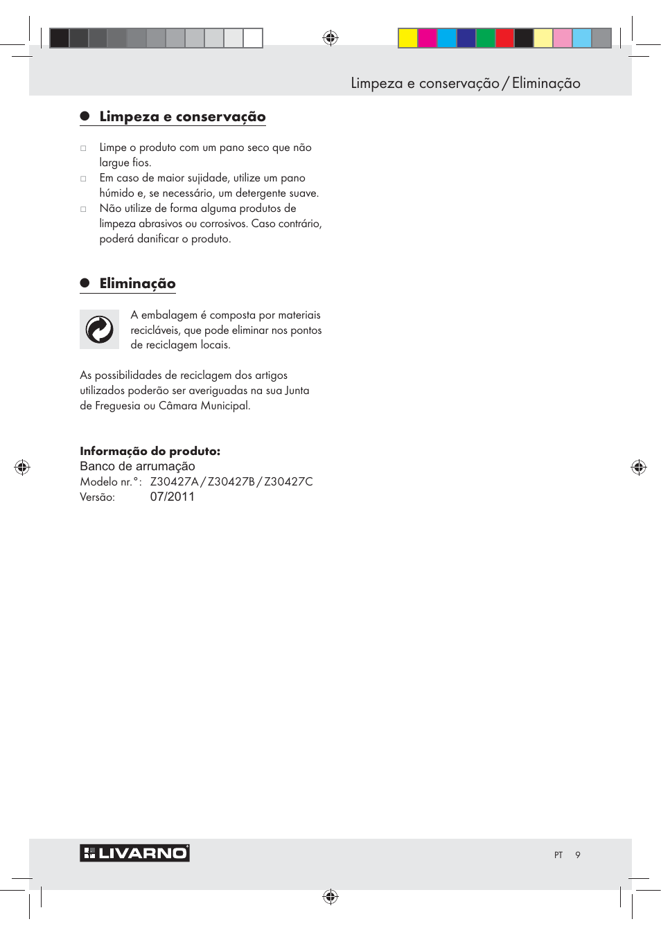 Limpeza e conservação / eliminação, Limpeza e conservação, Eliminação | Livarno Z30427A / Z30427B / Z30427C User Manual | Page 7 / 11