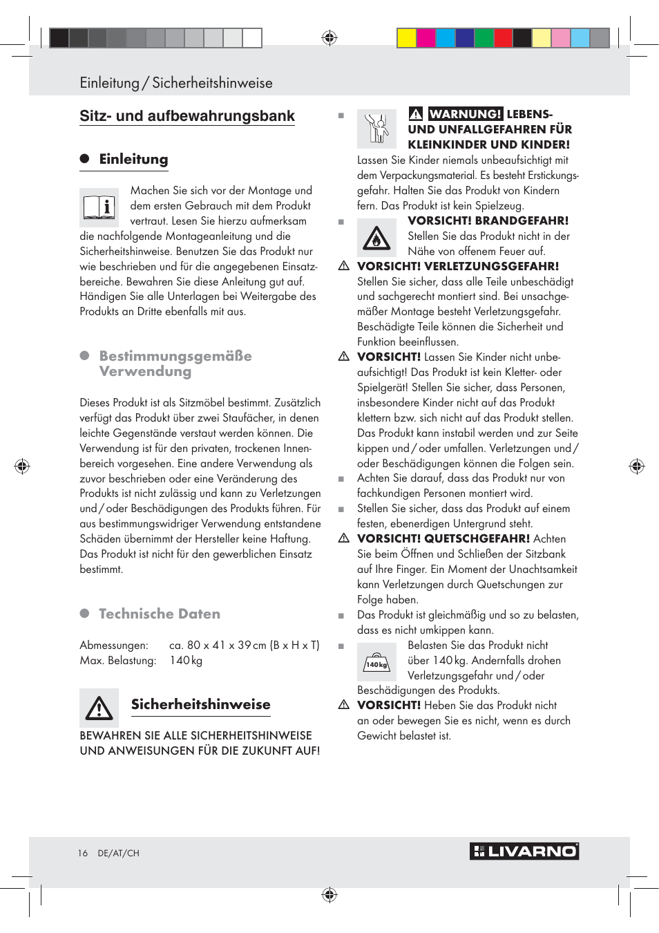 Einleitung / sicherheitshinweise, 3itz, Einleitung | Bestimmungsgemäße verwendung, Technische daten, Sicherheitshinweise | Livarno Z30427A / Z30427B / Z30427C User Manual | Page 14 / 15