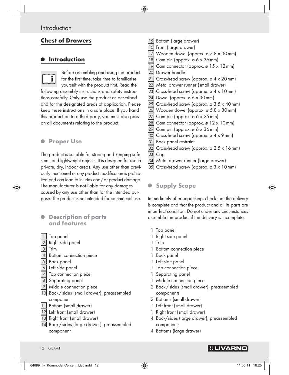 Introduction, Chest of drawers, Proper use | Description of parts and features, Supply scope | Livarno Z30845 User Manual | Page 10 / 24