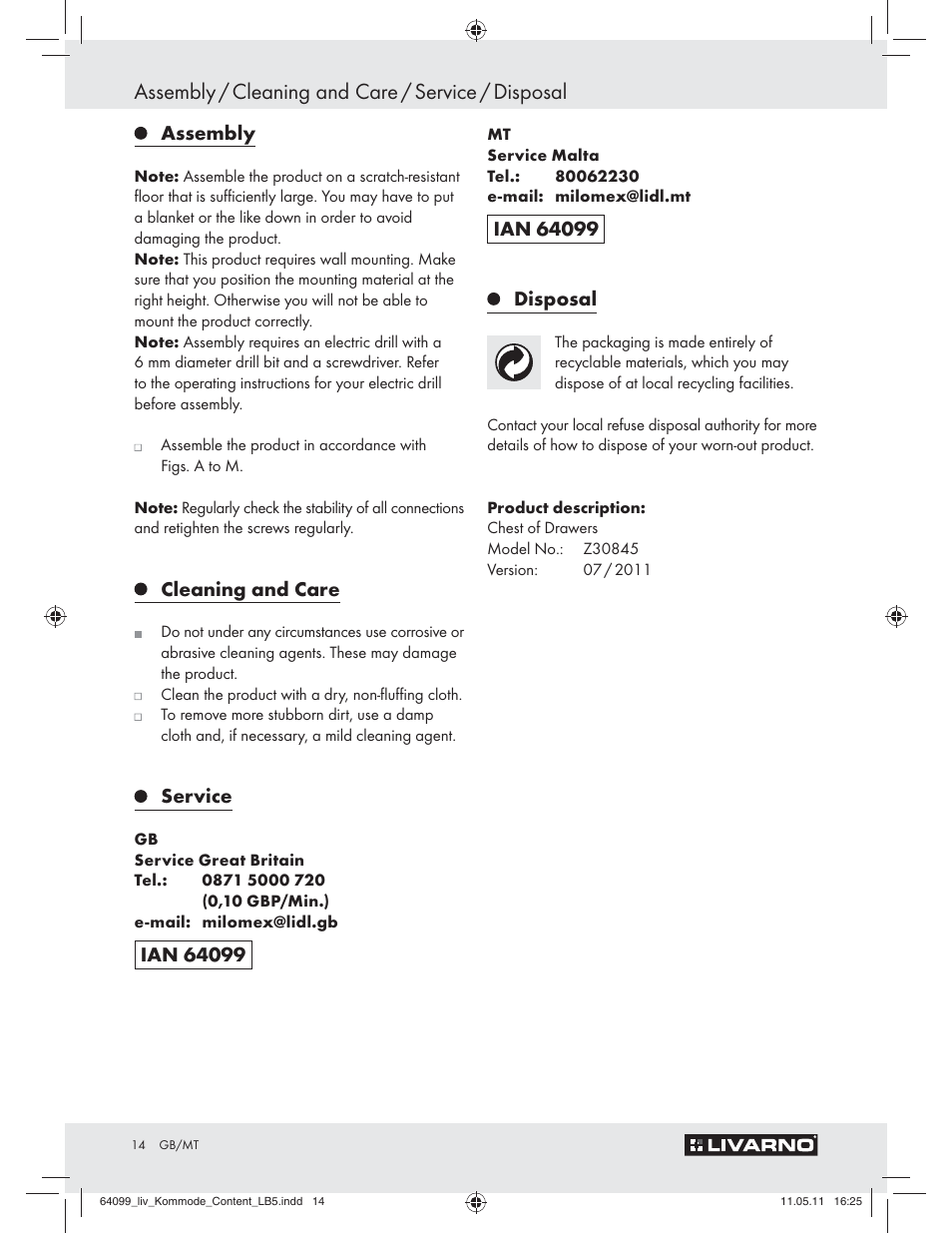 Assembly / cleaning and care / service / disposal, Assembly, Cleaning and care | Service, Disposal | Livarno Z30845 User Manual | Page 12 / 24