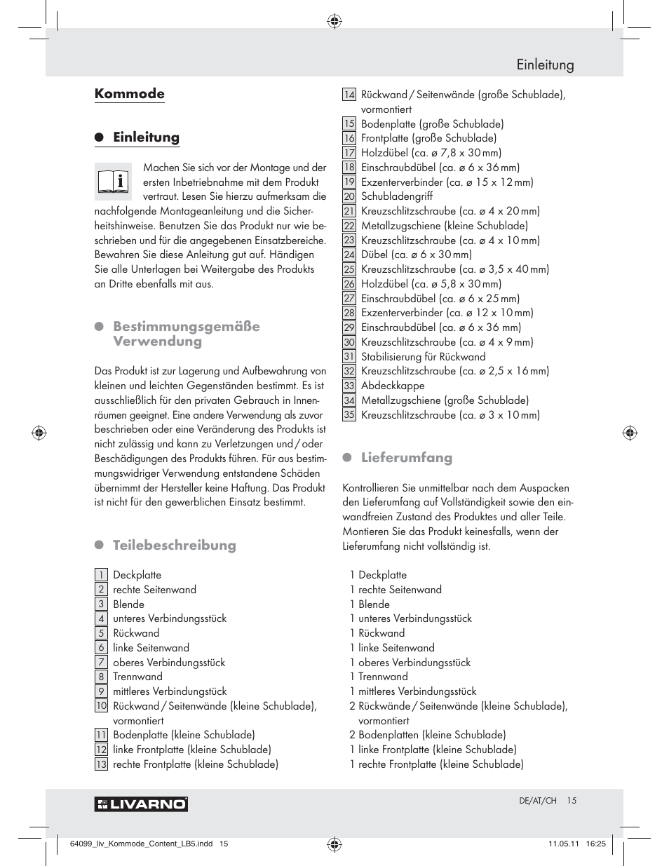 Einleitung, Kommode einleitung, Bestimmungsgemäße verwendung | Teilebeschreibung, Lieferumfang | Livarno Z30845 User Manual | Page 13 / 24