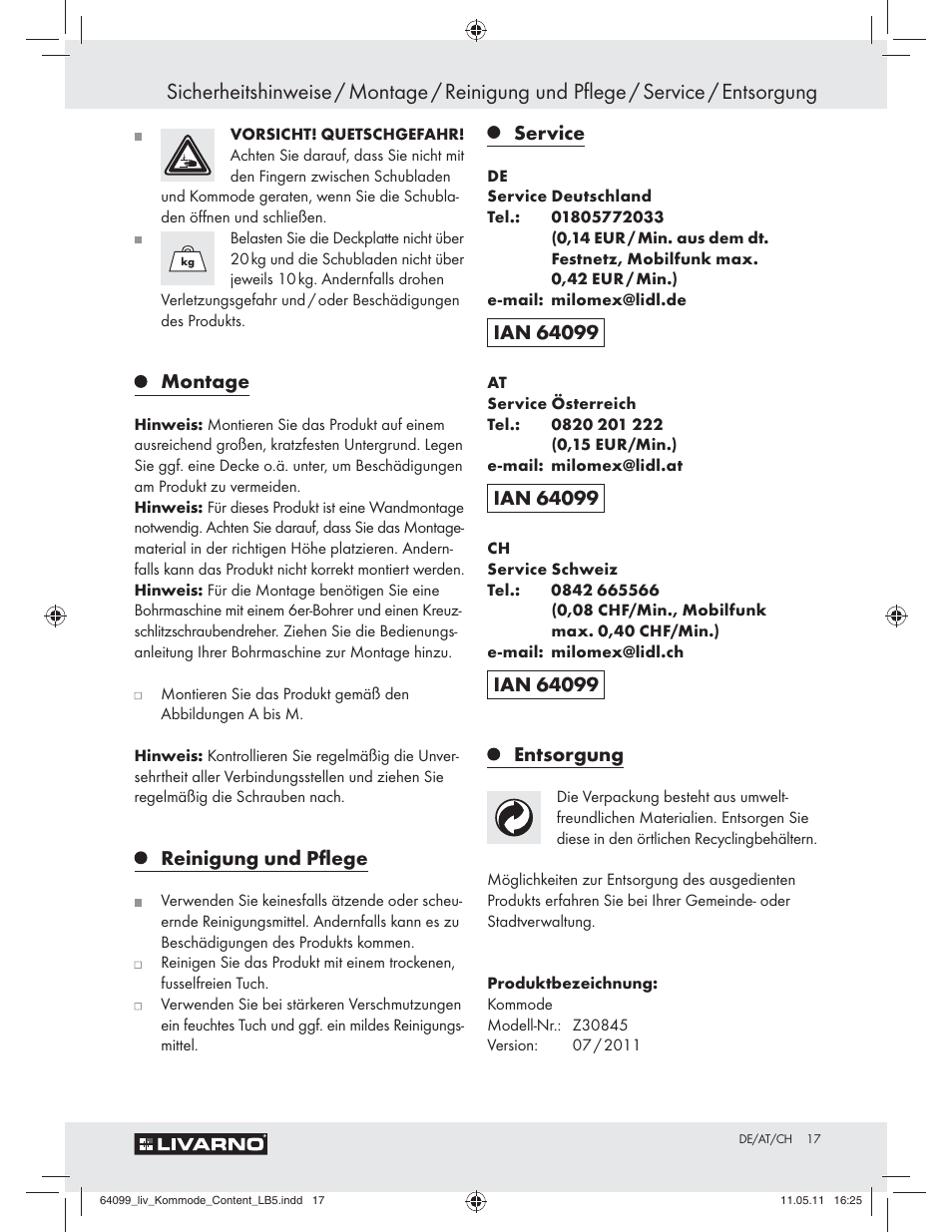 Montage, Reinigung und pﬂege, Service | Livarno Z30845 User Manual | Page 15 / 24