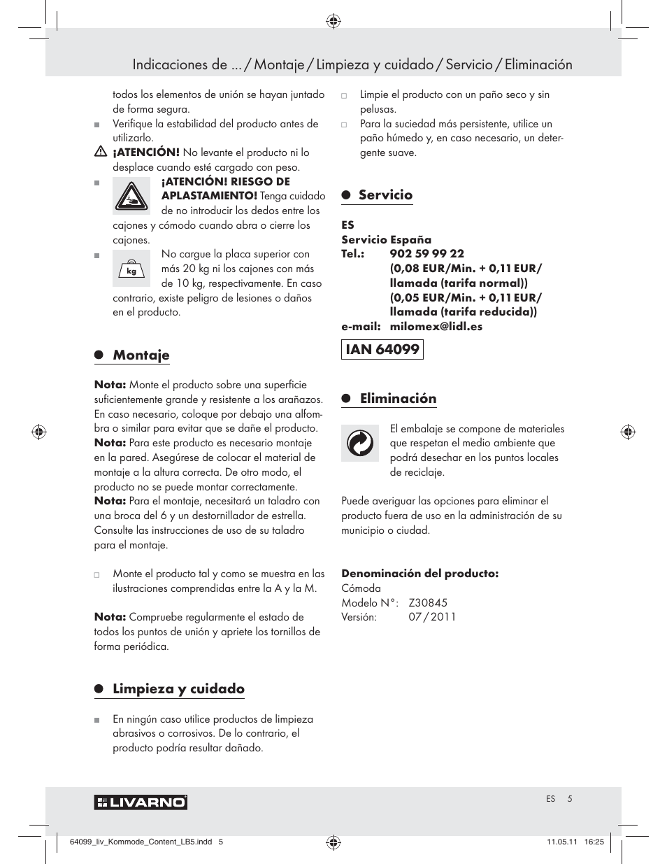 Montaje, Limpieza y cuidado, Servicio | Eliminación | Livarno Z30845 User Manual | Page 3 / 24