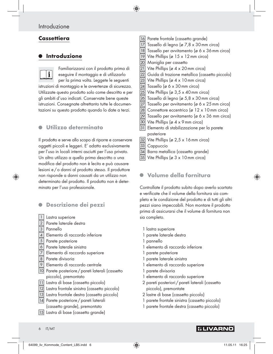 Introduzione, Cassettiera, Utilizzo determinato | Descrizione dei pezzi, Volume della fornitura | Livarno Z30845 User Manual | Page 4 / 24