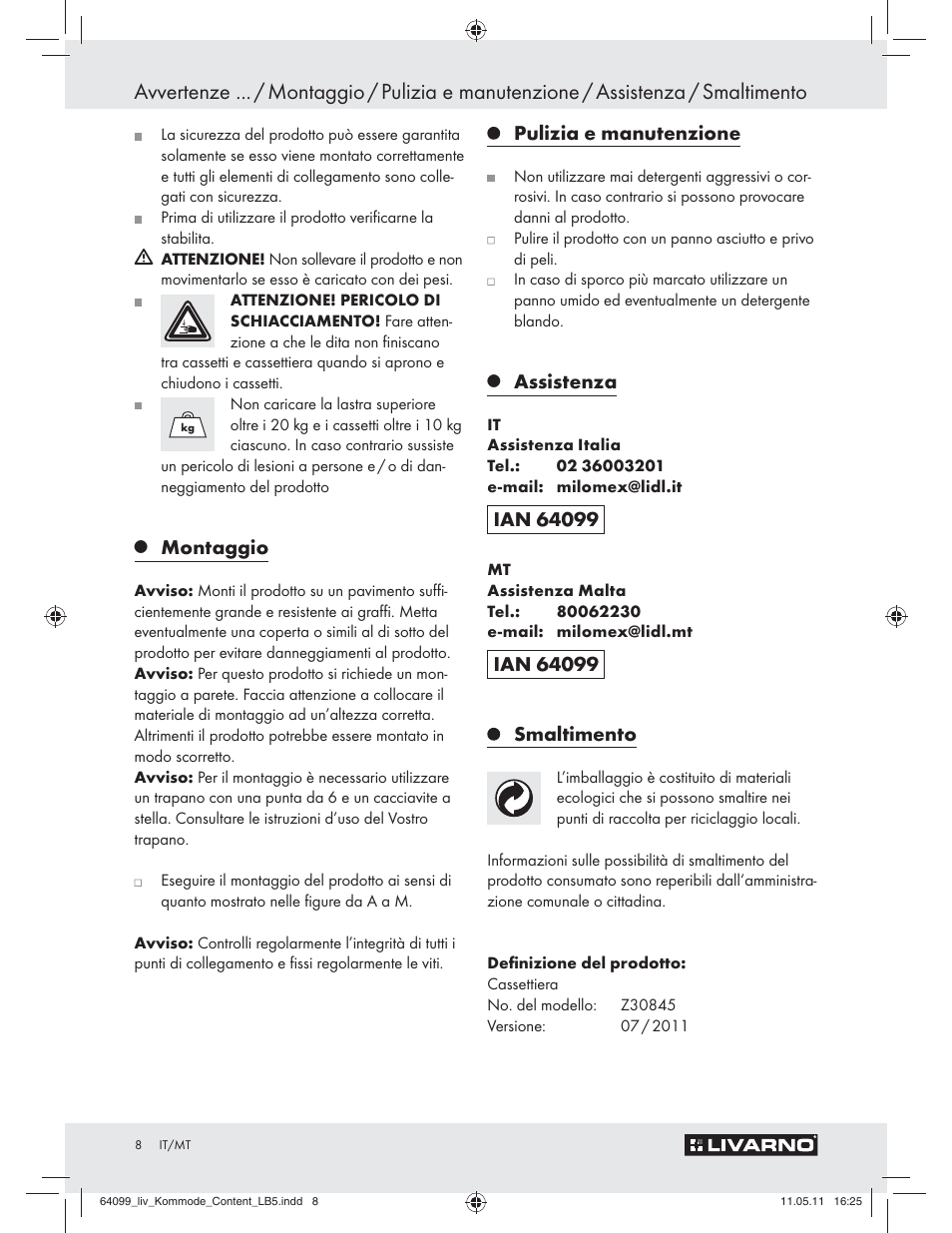 Montaggio, Pulizia e manutenzione, Assistenza | Smaltimento | Livarno Z30845 User Manual | Page 6 / 24