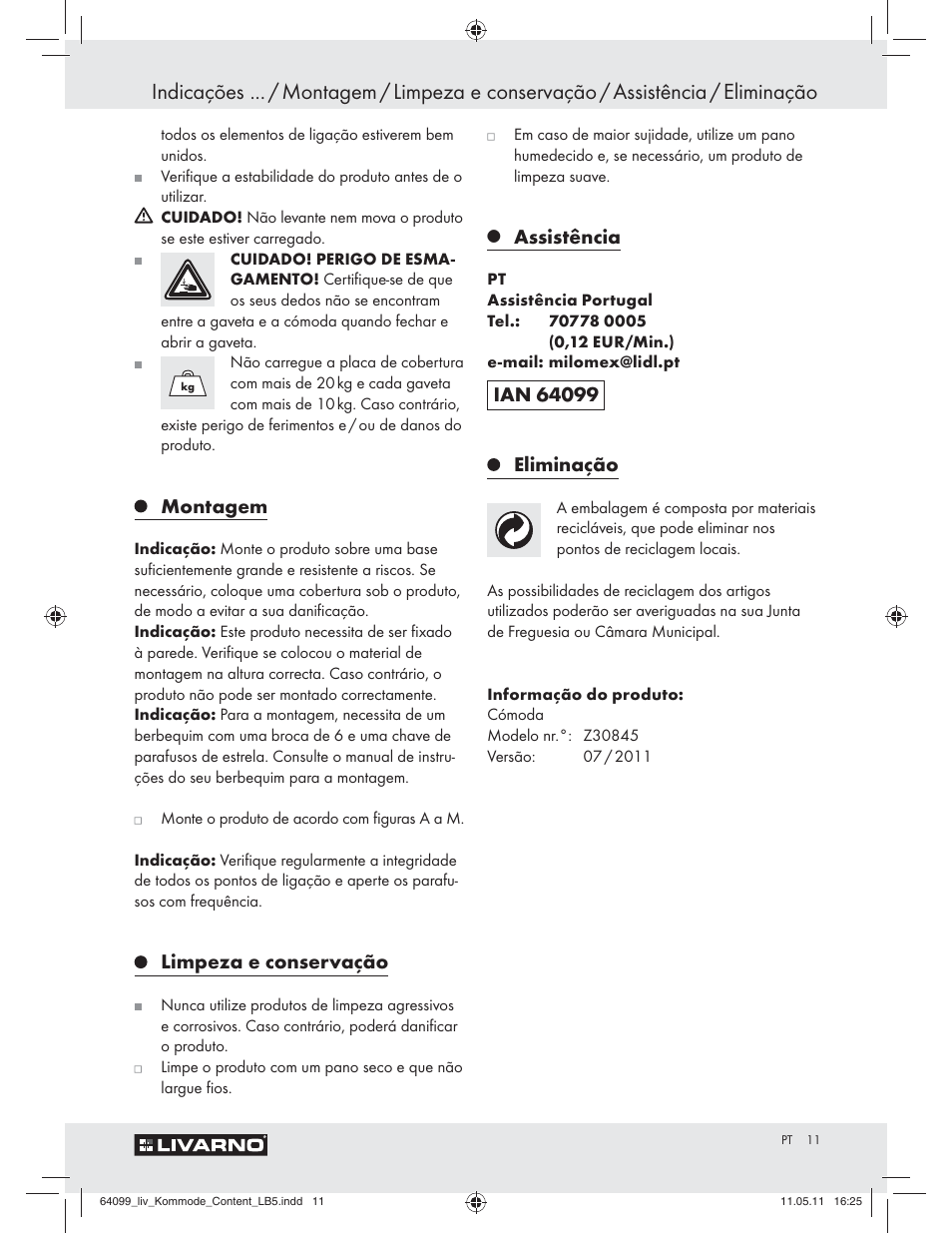 Montagem, Limpeza e conservação, Assistência | Eliminação | Livarno Z30845 User Manual | Page 9 / 24