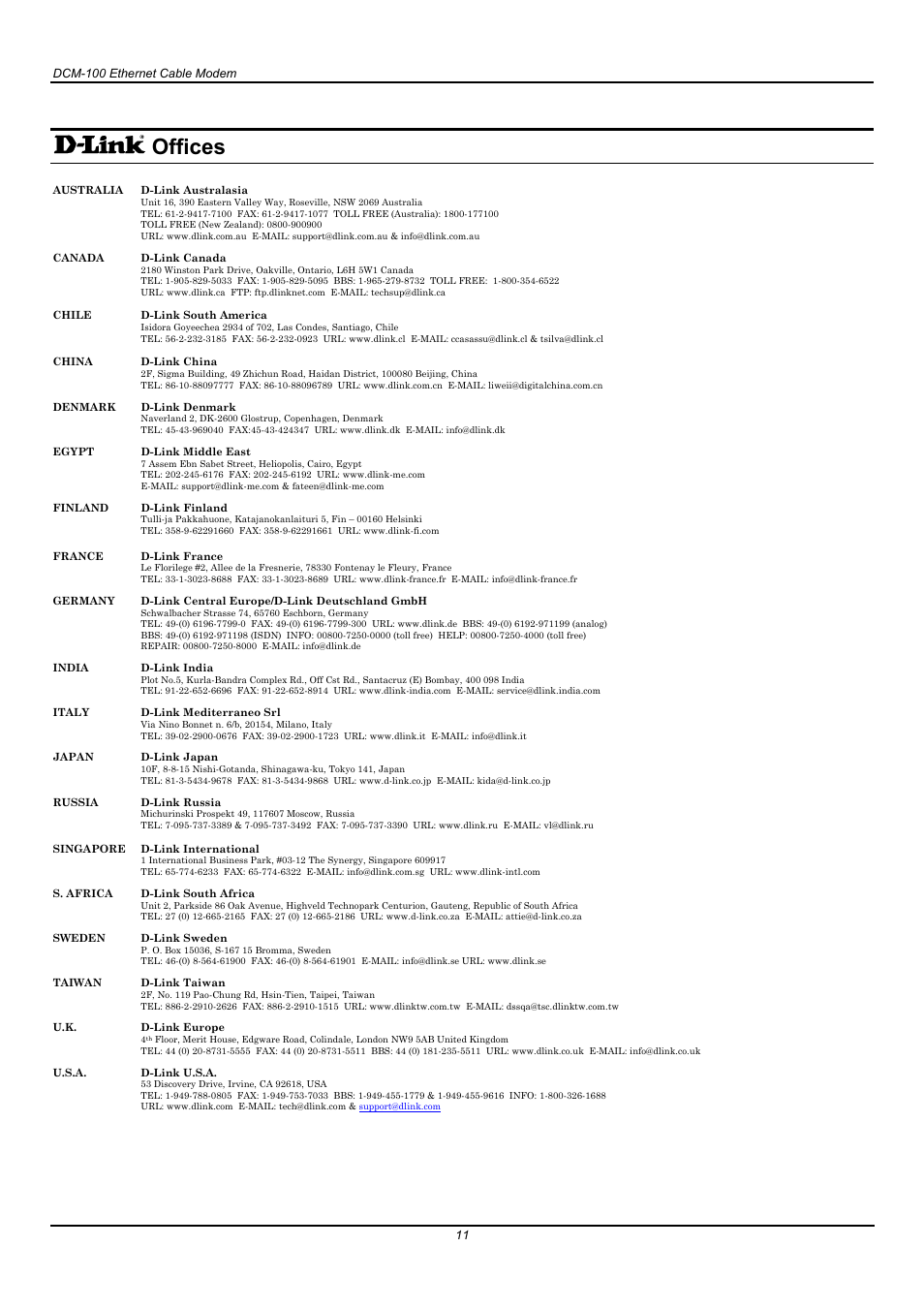 Offices | D-Link DCM-100 User Manual | Page 11 / 18