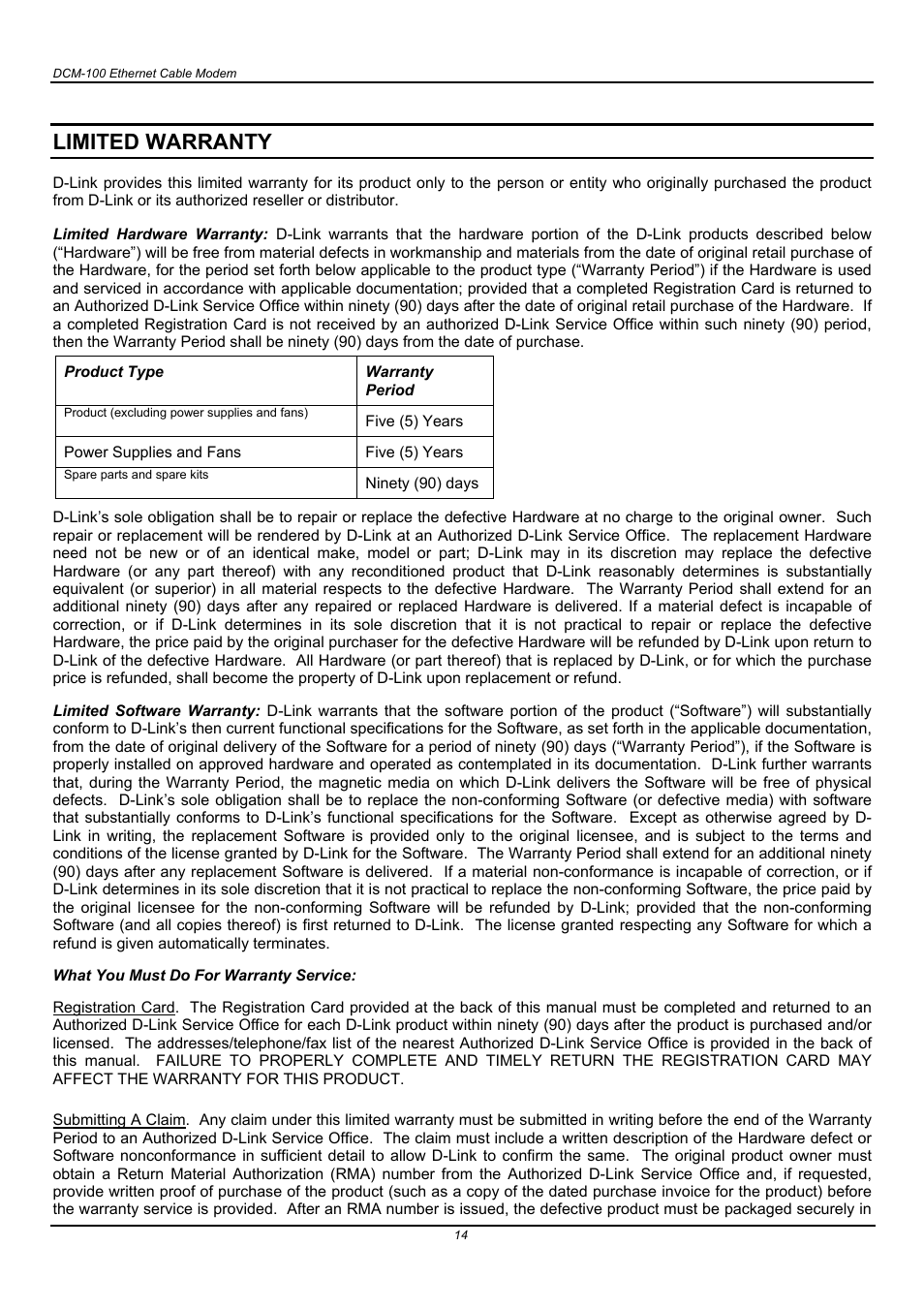 Limited warranty | D-Link DCM-100 User Manual | Page 14 / 18