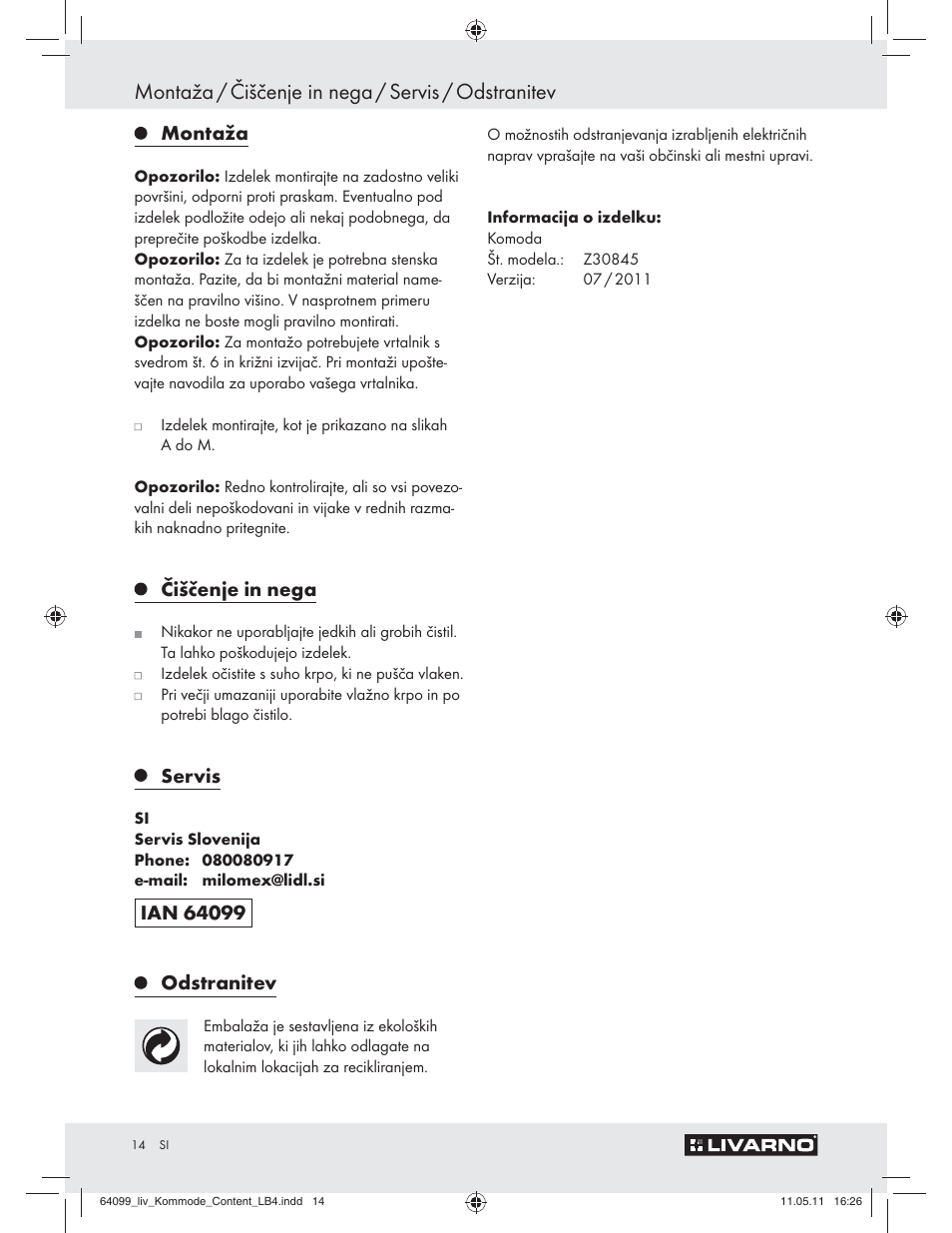 Montaža / čiščenje in nega / servis / odstranitev | Livarno Z30845 User Manual | Page 12 / 30