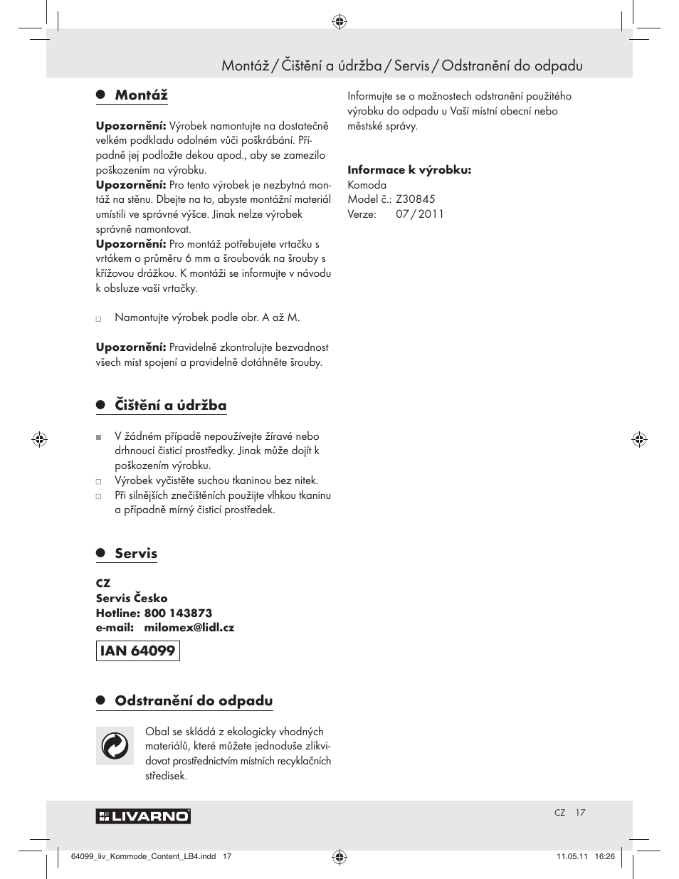 Montáž, Čištění a údržba, Servis | Odstranění do odpadu | Livarno Z30845 User Manual | Page 15 / 30