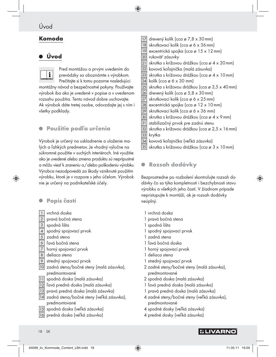 Úvod, Komoda, Použitie podľa určenia | Popis častí, Rozsah dodávky | Livarno Z30845 User Manual | Page 16 / 30