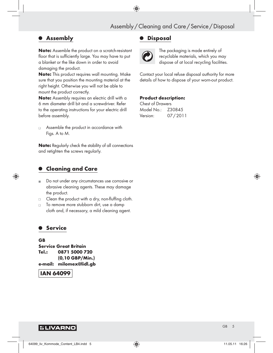 Assembly / cleaning and care / service / disposal, Assembly, Cleaning and care | Service, Disposal | Livarno Z30845 User Manual | Page 3 / 30