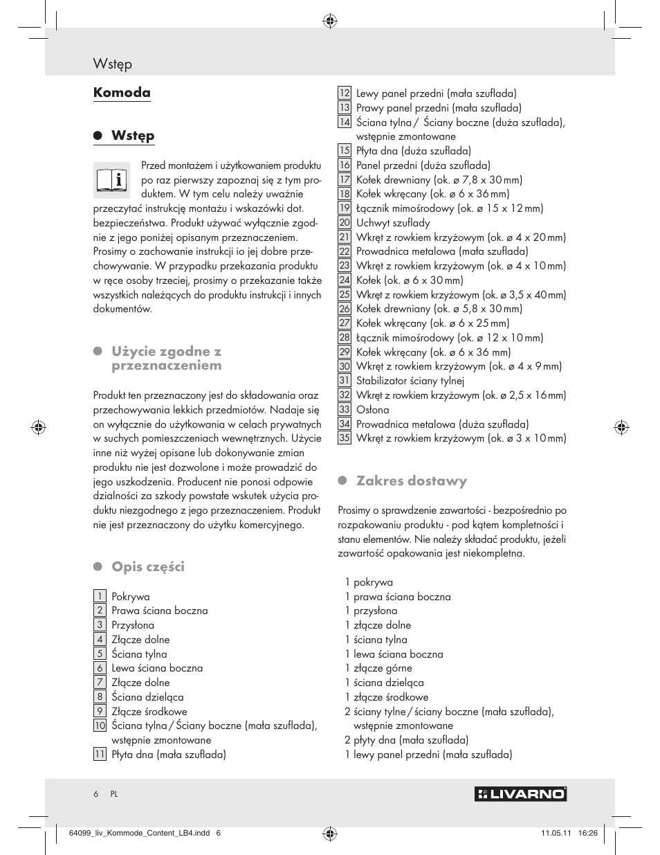 Wstęp, Komoda, Użycie zgodne z przeznaczeniem | Opis części, Zakres dostawy | Livarno Z30845 User Manual | Page 4 / 30