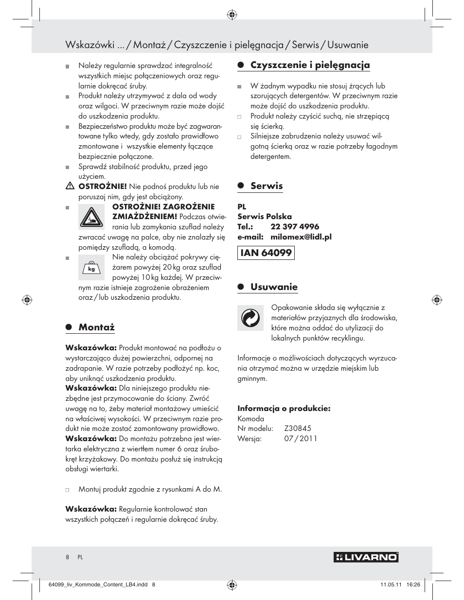 Montaż, Czyszczenie i pielęgnacja, Serwis | Livarno Z30845 User Manual | Page 6 / 30