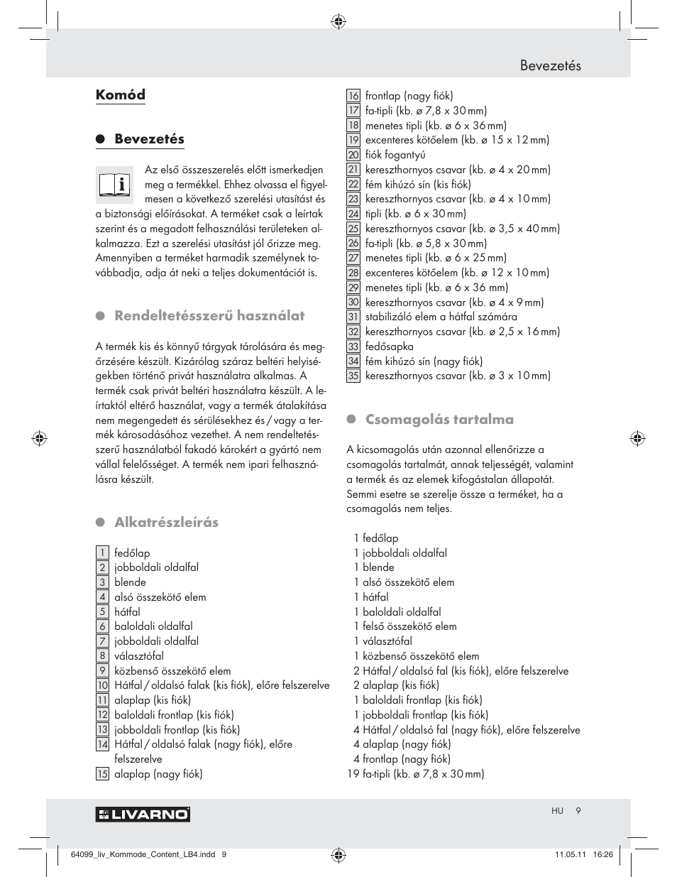 Bevezetés, Komód, Rendeltetésszerű használat | Alkatrészleírás, Csomagolás tartalma | Livarno Z30845 User Manual | Page 7 / 30