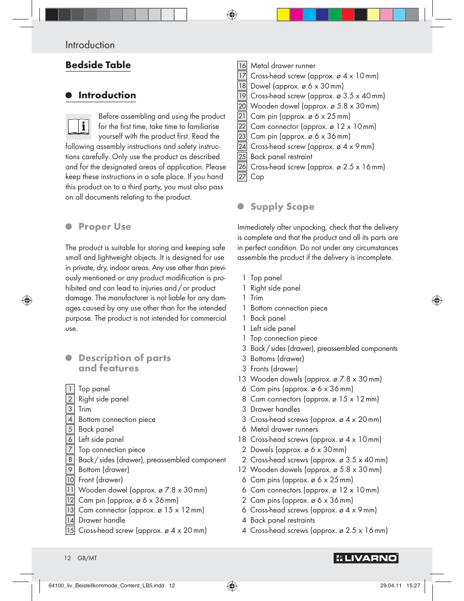 Introduction, Bedside table, Proper use | Description of parts and features, Supply scope | Livarno Z30846 User Manual | Page 10 / 21