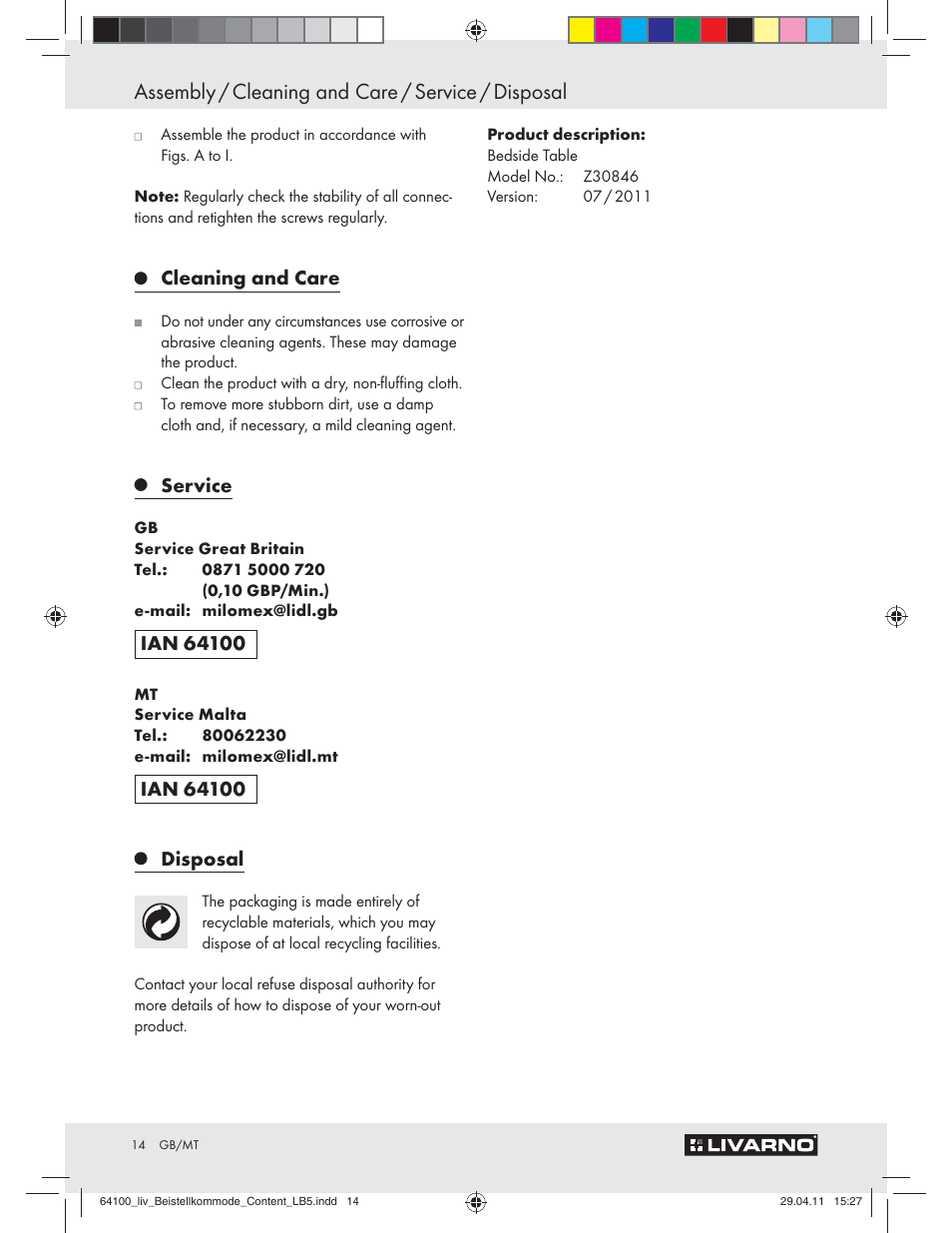 Assembly / cleaning and care / service / disposal, Cleaning and care, Service | Disposal | Livarno Z30846 User Manual | Page 12 / 21
