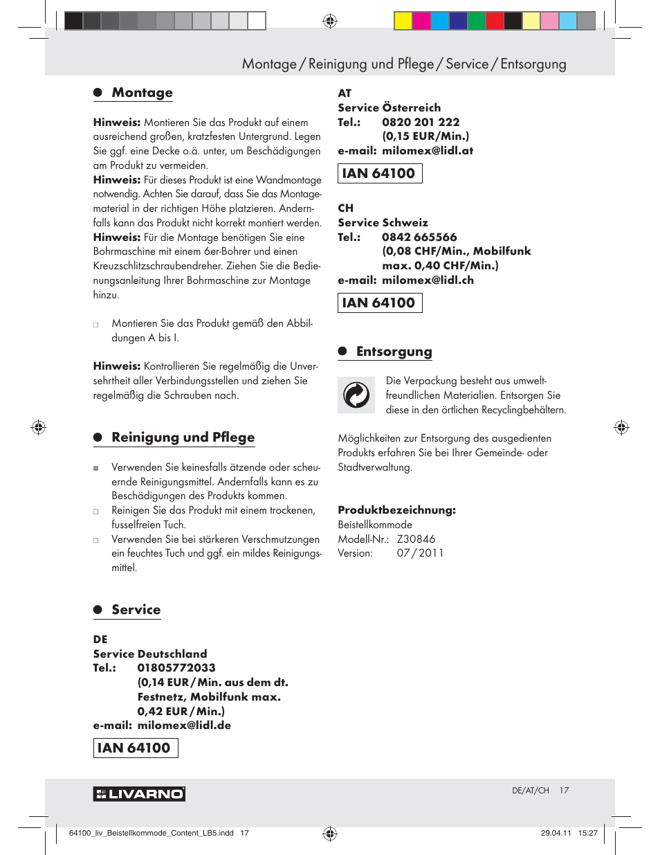 Montage, Reinigung und pﬂege, Service | Livarno Z30846 User Manual | Page 15 / 21