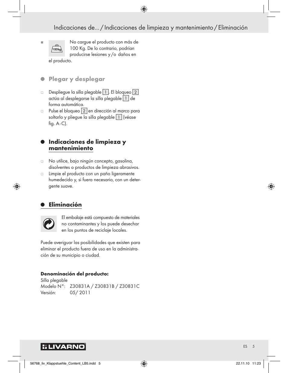 Plegar y desplegar, Indicaciones de limpieza y mantenimiento, Eliminación | Livarno Z30831 User Manual | Page 3 / 9