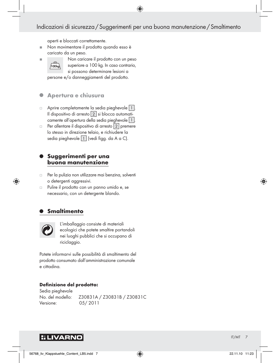 Apertura e chiusura, Suggerimenti per una buona manutenzione, Smaltimento | Livarno Z30831 User Manual | Page 5 / 9