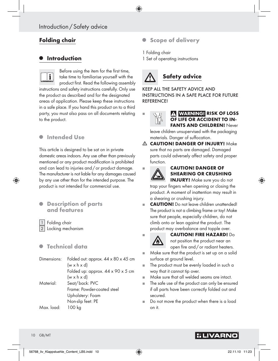 Introduction / safety advice, Folding chair, Introduction | Intended use, Description of parts and features, Technical data, Scope of delivery, Safety advice | Livarno Z30831 User Manual | Page 8 / 9