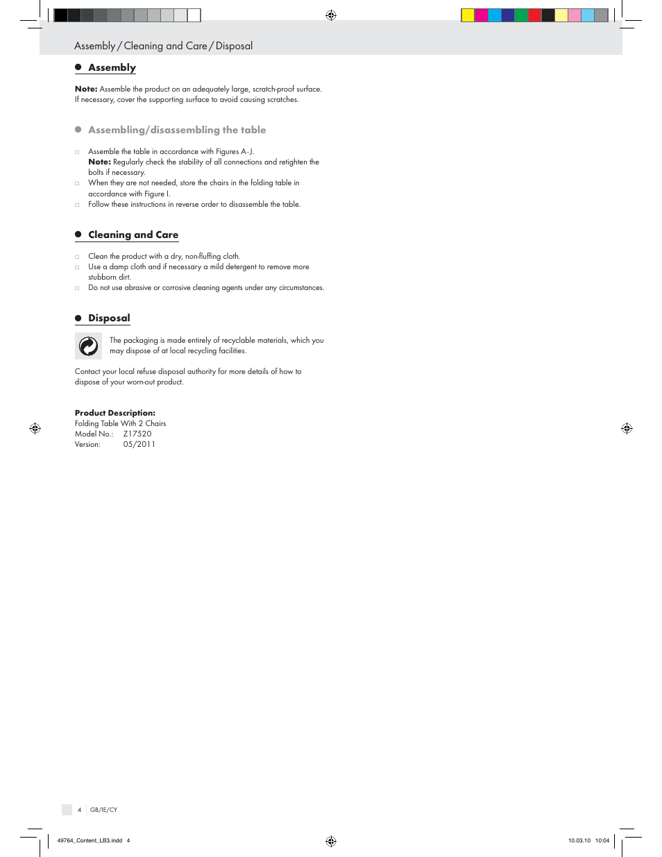 Assembly / cleaning and care / disposal | Livarno Z17520 User Manual | Page 2 / 16