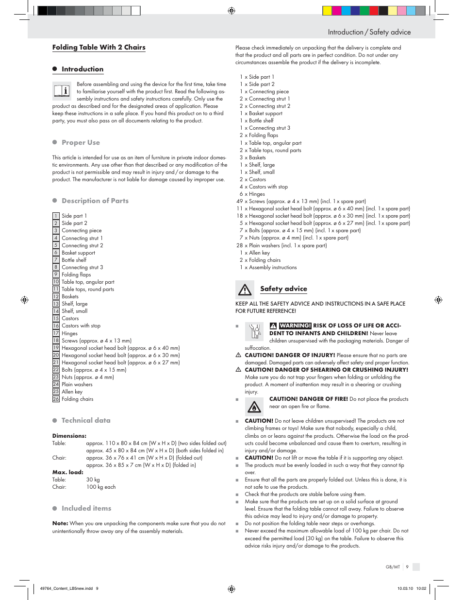 Introduction / safety advice, Folding table with 2 chairs, Introduction | Proper use, Description of parts, Technical data, Included items, Safety advice | Livarno Z17520 User Manual | Page 7 / 16