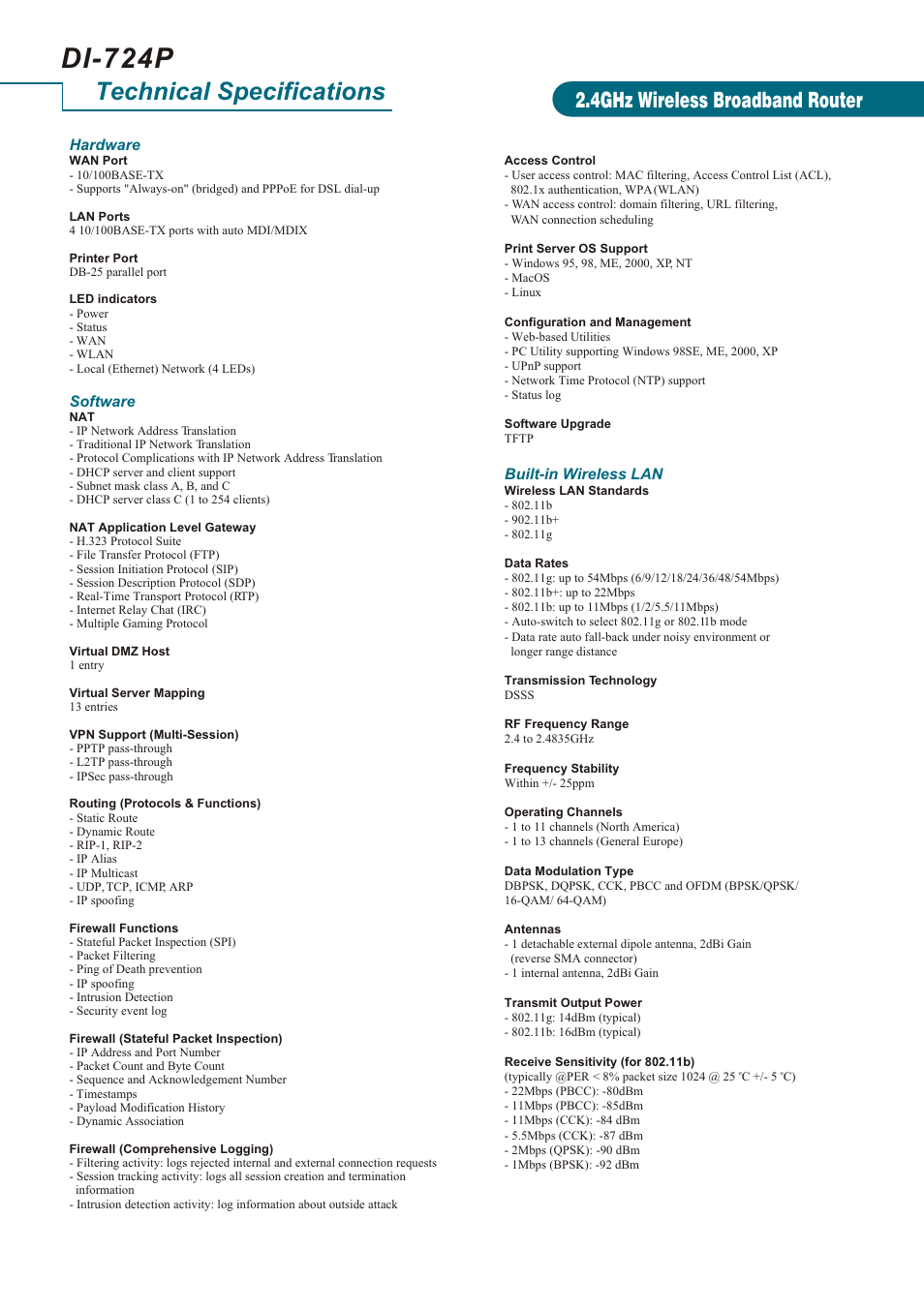 Di-724p, Technical specifications, 4ghz wireless broadband router | D-Link DI-724P User Manual | Page 2 / 3