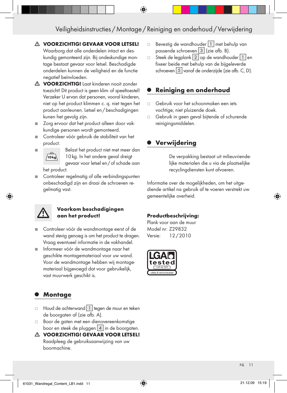Montage, Reiniging en onderhoud, Verwijdering | Livarno Z29832 User Manual | Page 11 / 12