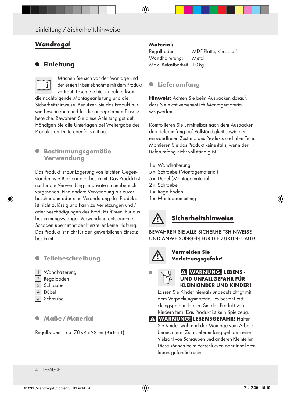 Einleitung / sicherheitshinweise, Wandregal, Einleitung | Bestimmungsgemäße verwendung, Teilebeschreibung, Maße / material, Lieferumfang, Sicherheitshinweise | Livarno Z29832 User Manual | Page 4 / 12