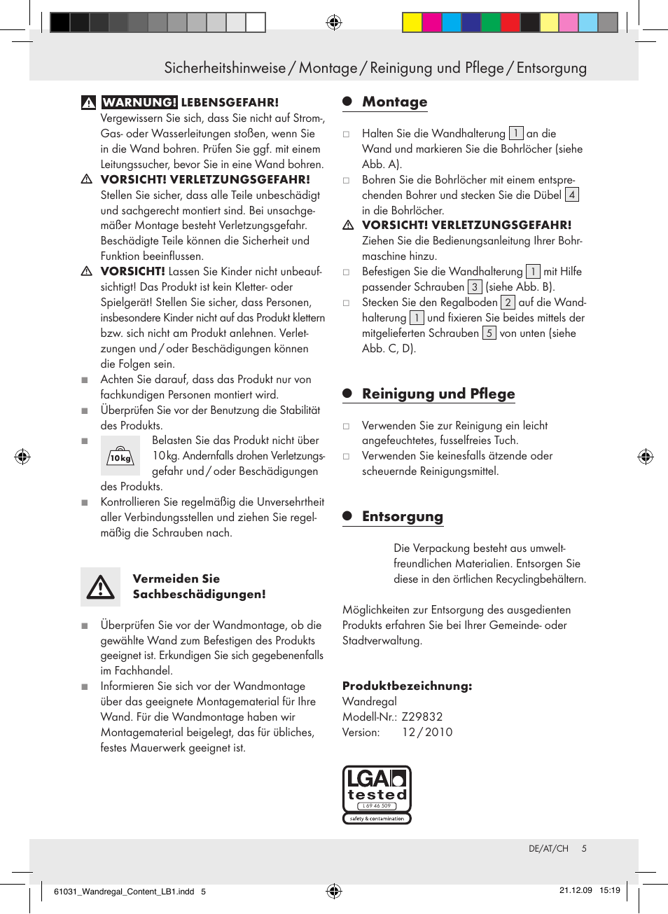 Montage, Reinigung und pflege, Entsorgung | Livarno Z29832 User Manual | Page 5 / 12