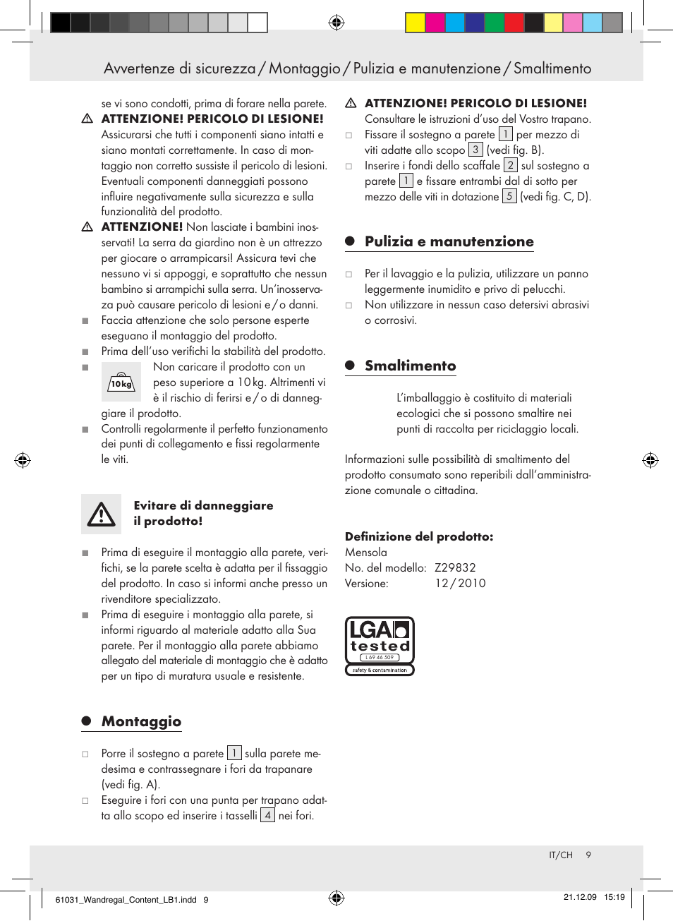 Montaggio, Pulizia e manutenzione, Smaltimento | Livarno Z29832 User Manual | Page 9 / 12