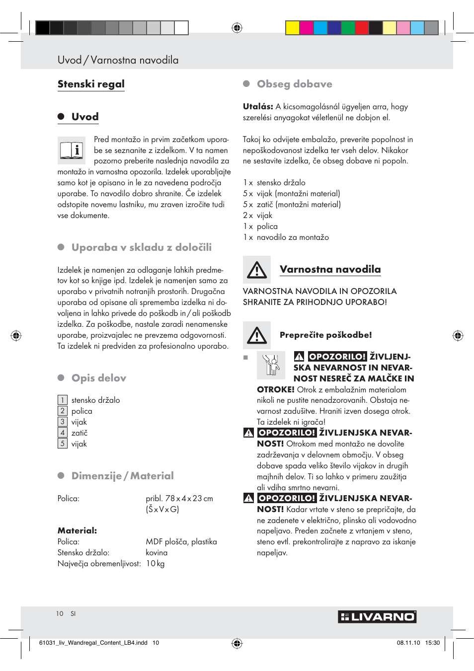 Uvod / varnostna navodila, Stenski regal, Uvod | Uporaba v skladu z določili, Opis delov, Dimenzije / material, Obseg dobave, Varnostna navodila | Livarno Z29832 User Manual | Page 10 / 18