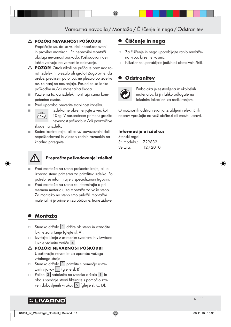 Montaža, Čiščenje in nega, Odstranitev | Livarno Z29832 User Manual | Page 11 / 18