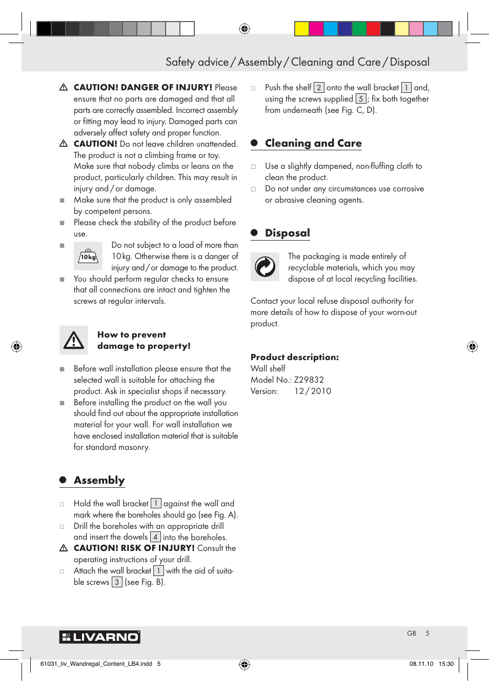Assembly, Cleaning and care, Disposal | Livarno Z29832 User Manual | Page 5 / 18