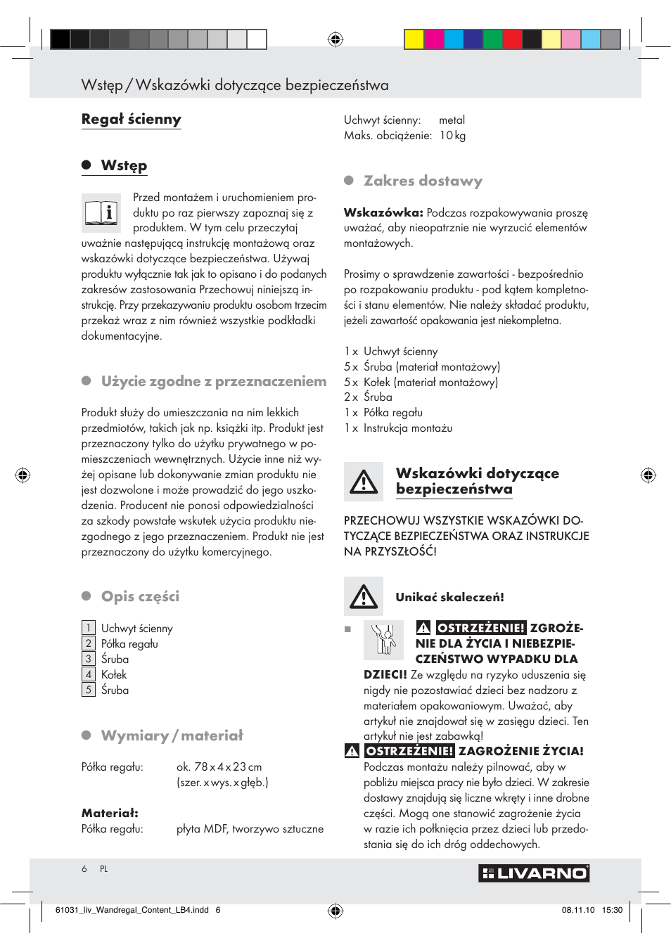 Wstęp / wskazówki dotyczące bezpieczeństwa, Regał ścienny, Wstęp | Użycie zgodne z przeznaczeniem, Opis części, Wymiary / materiał, Zakres dostawy, Wskazówki dotyczące bezpieczeństwa | Livarno Z29832 User Manual | Page 6 / 18