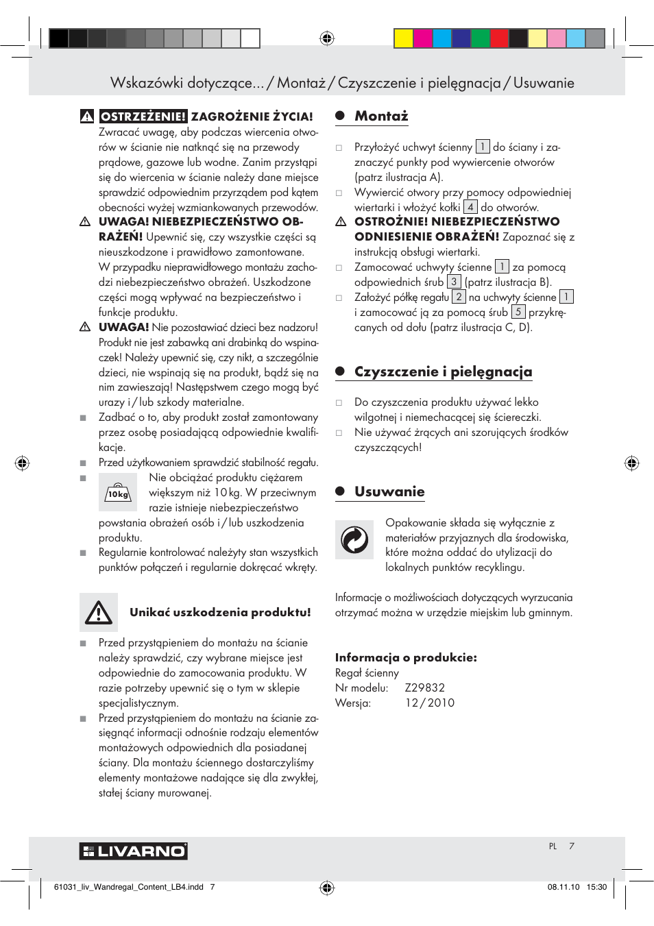 Montaż, Czyszczenie i pielęgnacja, Usuwanie | Livarno Z29832 User Manual | Page 7 / 18