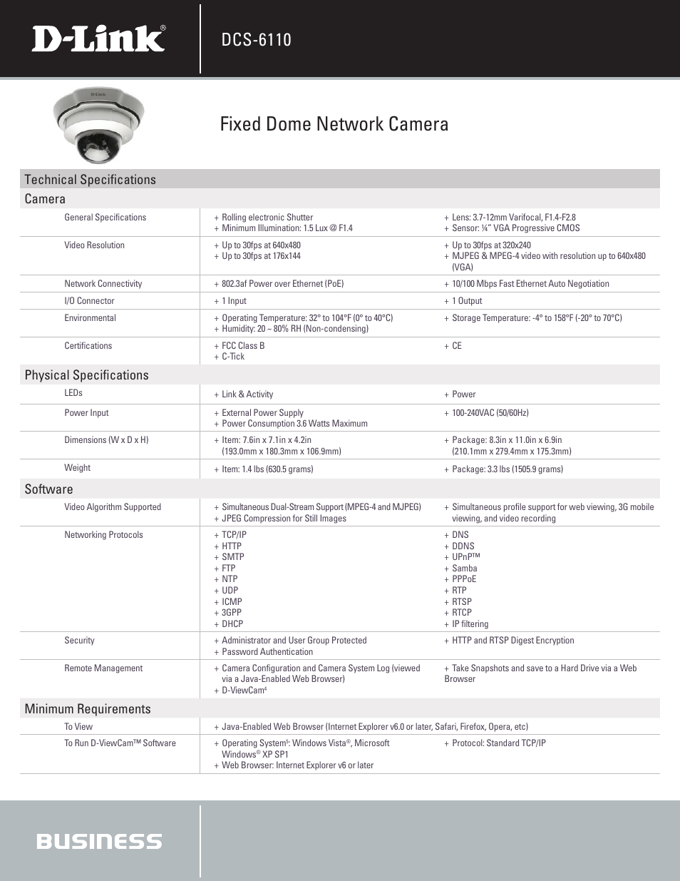 Fixed dome network camera, Dcs-6110, Technical specifications camera | Physical specifications, Software, Minimum requirements | D-Link DCS-6110 User Manual | Page 2 / 3