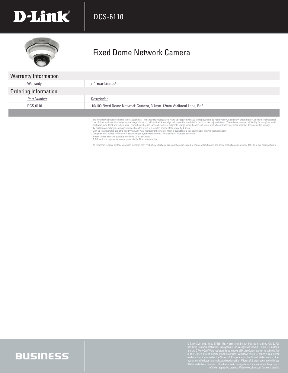 Fixed dome network camera, Dcs-6110, Warranty information | Ordering information | D-Link DCS-6110 User Manual | Page 3 / 3
