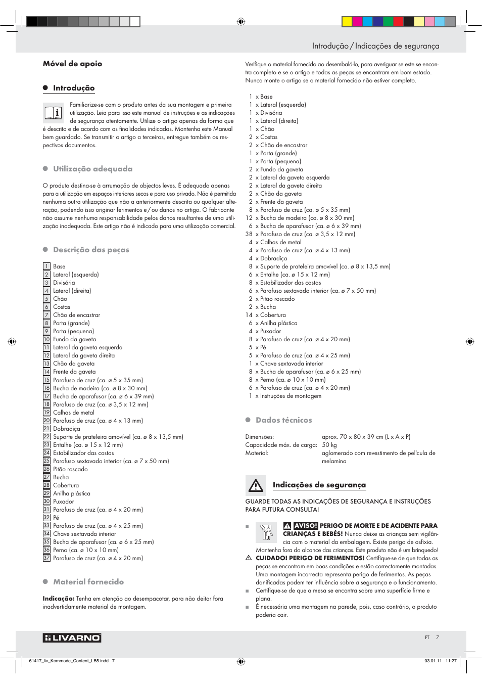 Introdução / indicações de segurança, Móvel de apoio, Introdução | Utilização adequada, Descrição das peças, Material fornecido, Dados técnicos, Indicações de segurança | Livarno Z29549 User Manual | Page 5 / 16