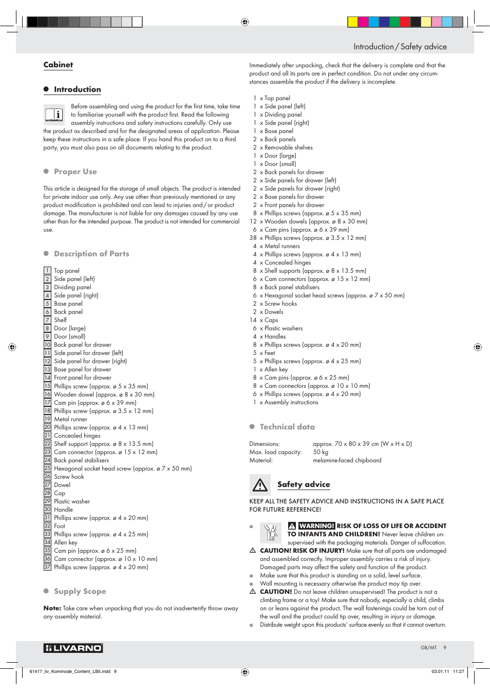 Introduction / safety advice, Cabinet, Introduction | Proper use, Description of parts, Supply scope, Technical data, Safety advice | Livarno Z29549 User Manual | Page 7 / 16