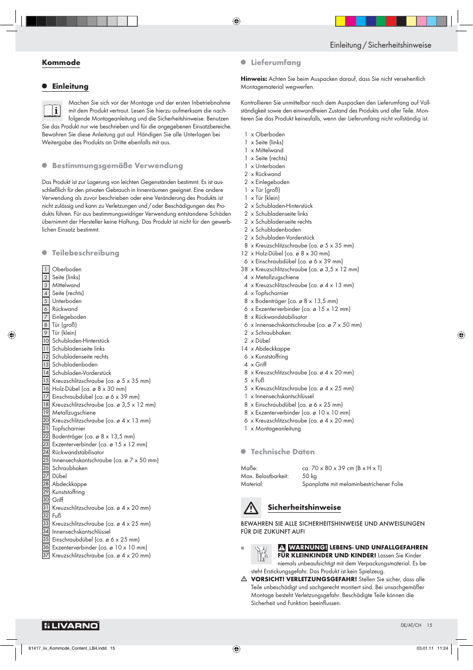 Kommode, Einleitung, Bestimmungsgemäße verwendung | Teilebeschreibung, Lieferumfang, Technische daten, Sicherheitshinweise | Livarno Z29549 User Manual | Page 13 / 20