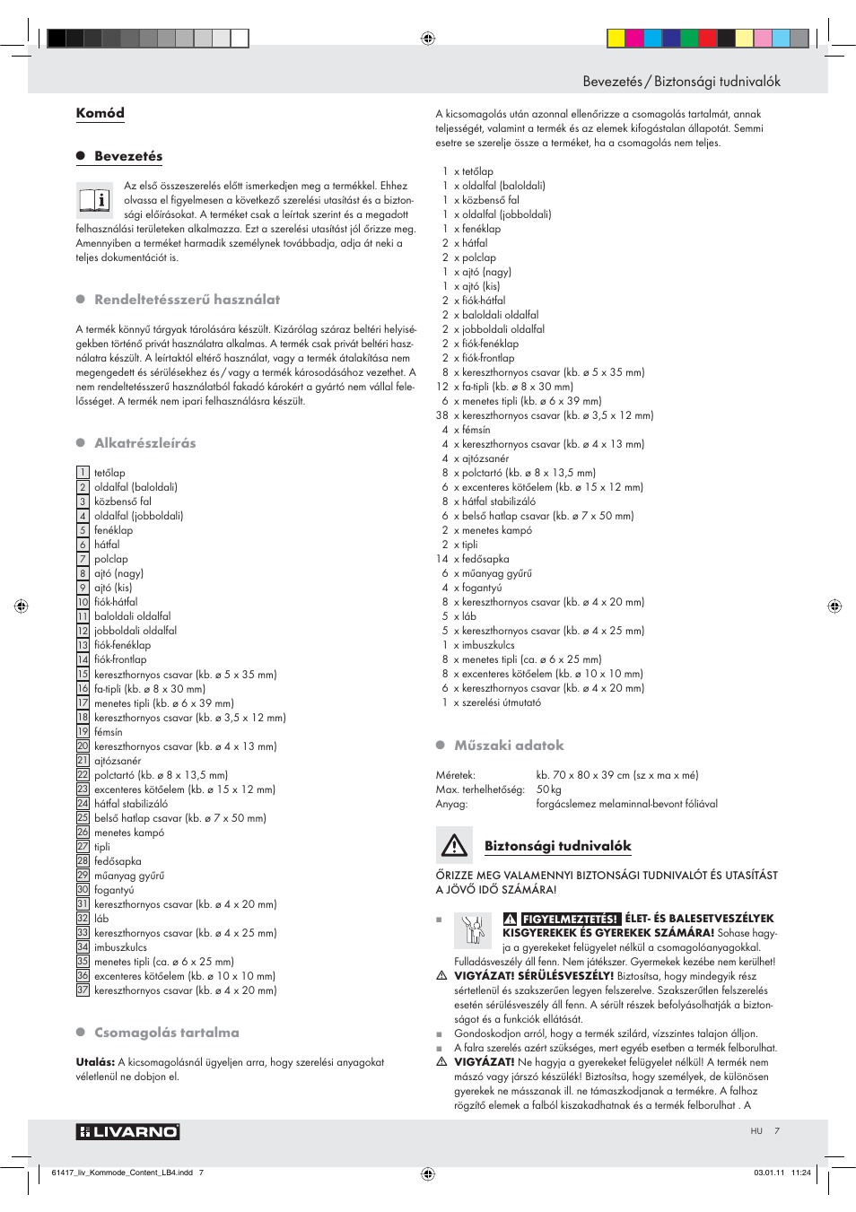 Bevezetés / biztonsági tudnivalók, Komód, Bevezetés | Rendeltetésszerű használat, Alkatrészleírás, Csomagolás tartalma, Műszaki adatok, Biztonsági tudnivalók | Livarno Z29549 User Manual | Page 5 / 20