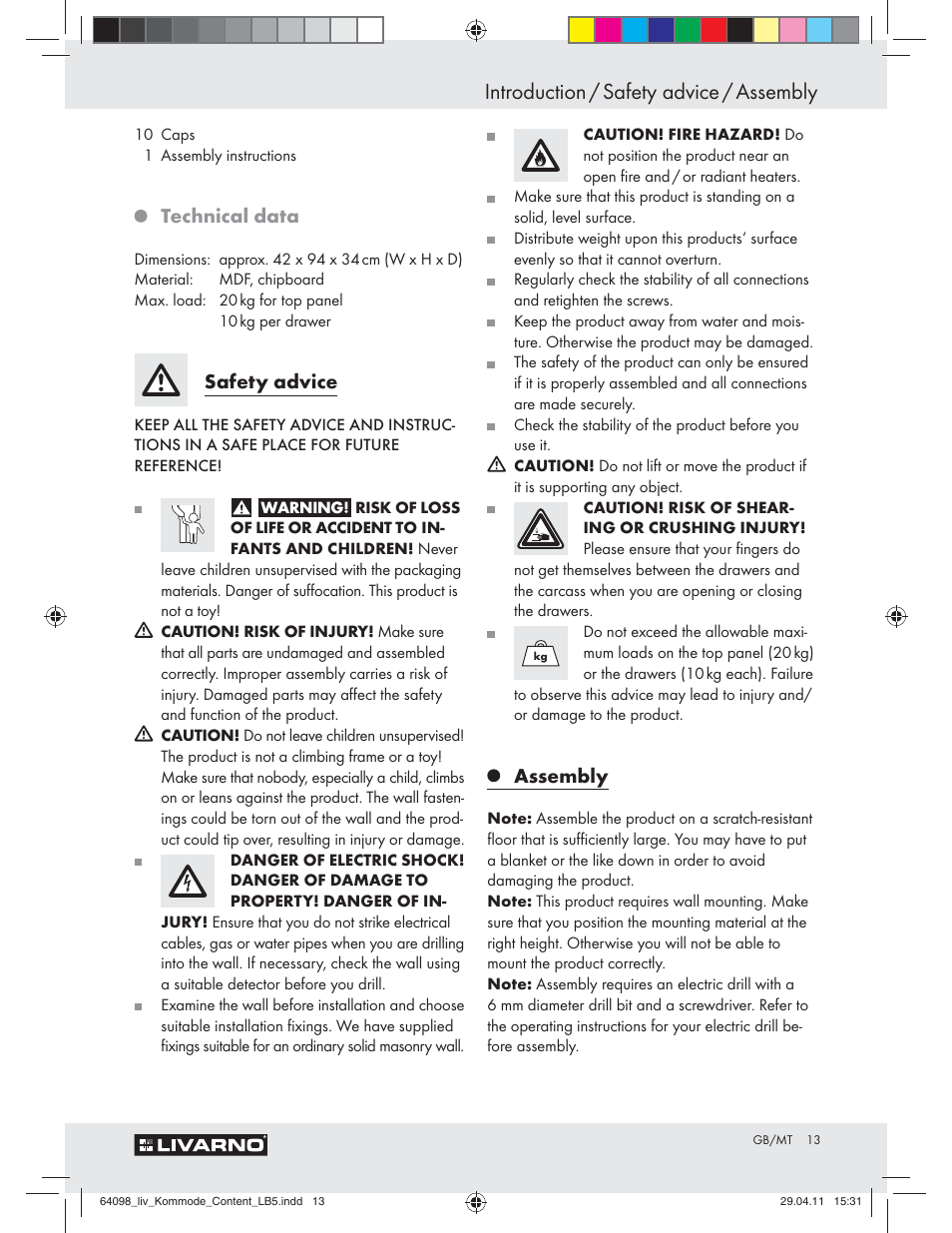 Introduction / safety advice / assembly, Technical data, Safety advice | Assembly | Livarno Z30844 User Manual | Page 11 / 22