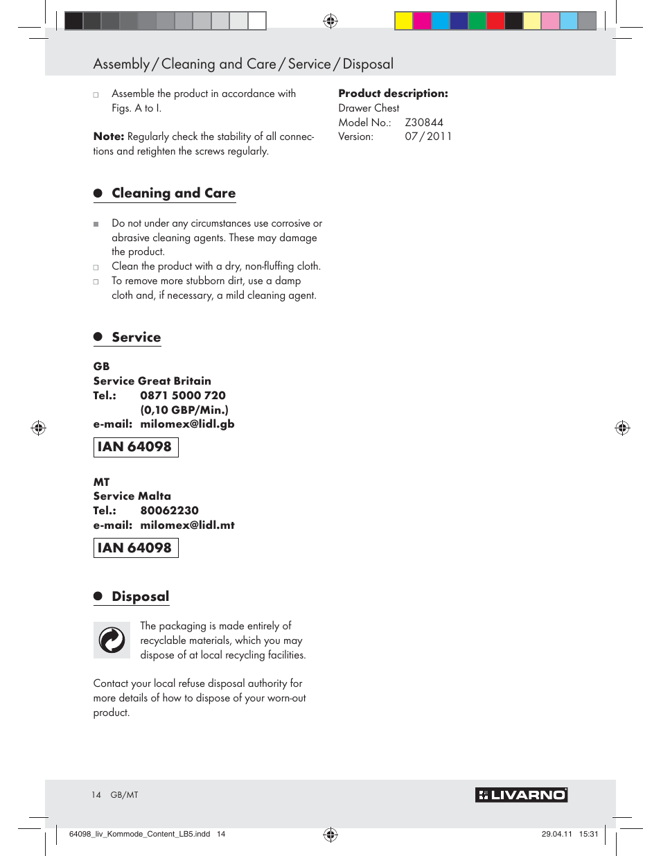 Assembly / cleaning and care / service / disposal, Cleaning and care, Service | Disposal | Livarno Z30844 User Manual | Page 12 / 22