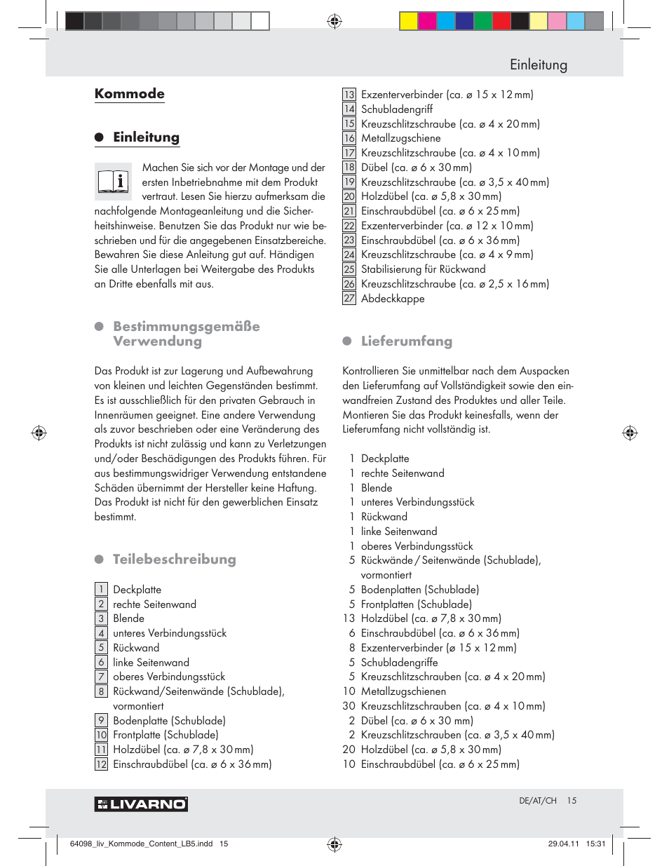 Einleitung, Kommode, Bestimmungsgemäße verwendung | Teilebeschreibung, Lieferumfang | Livarno Z30844 User Manual | Page 13 / 22