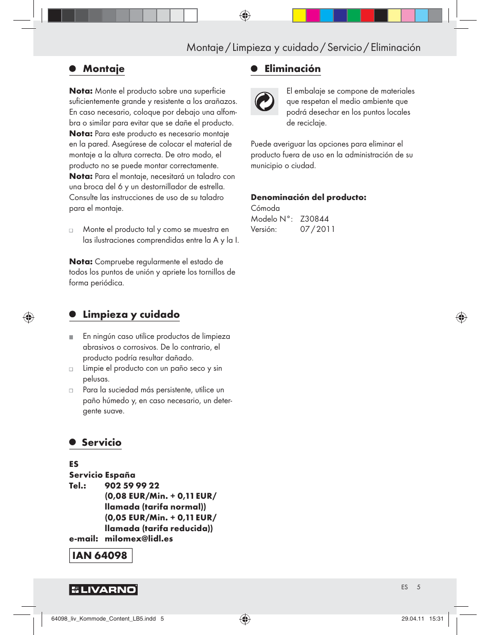 Montaje, Limpieza y cuidado, Servicio | Eliminación | Livarno Z30844 User Manual | Page 3 / 22